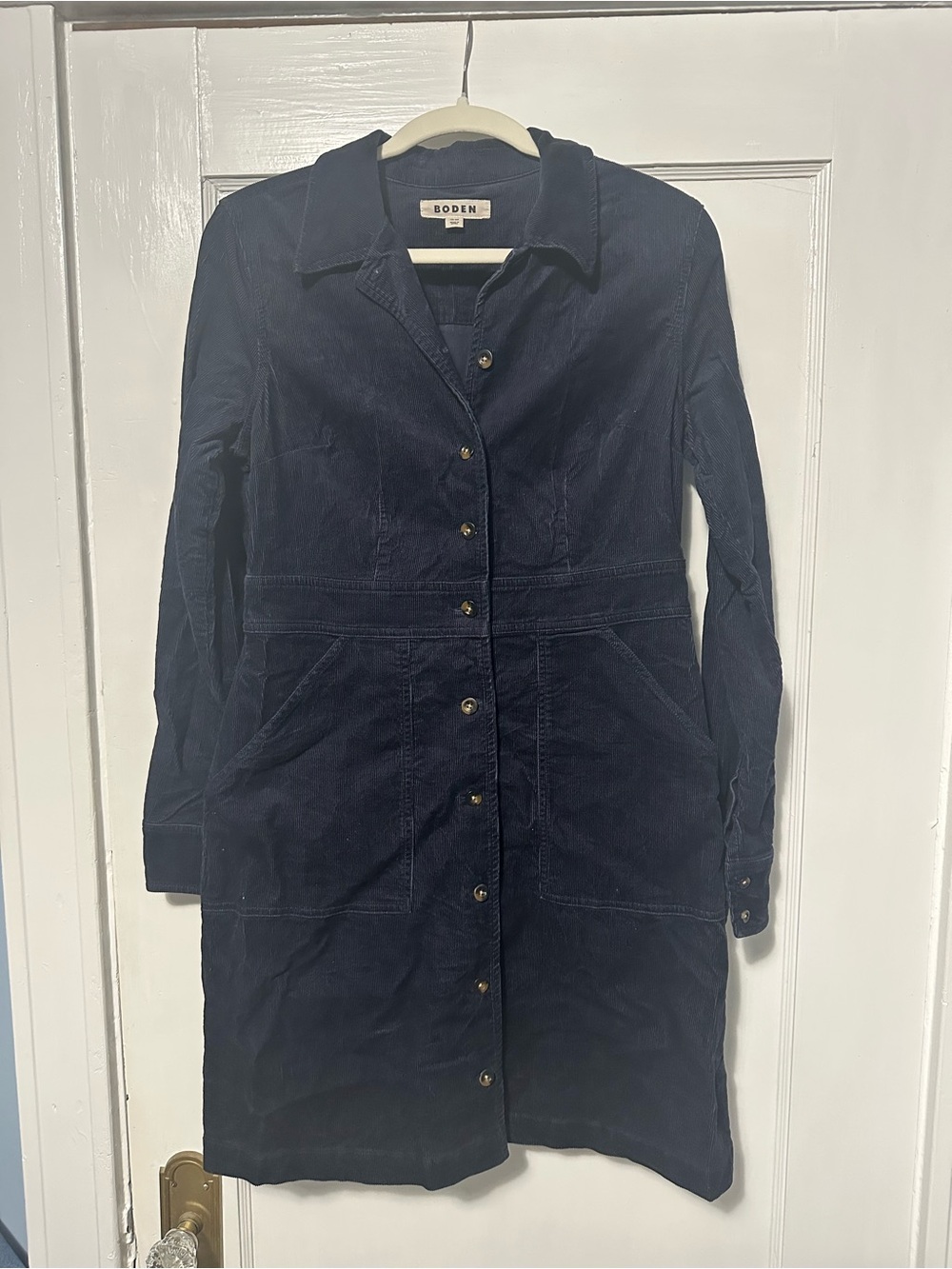 Boden Dark Navy Corduroy Button-Front Long Sleeve Dress